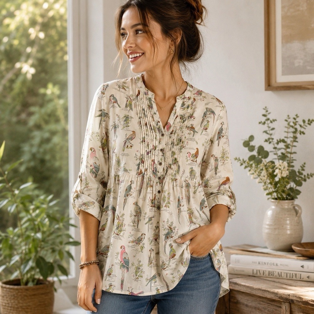 Maeve Anthropologie Bird Print Blouse Size 4 Cotton Pintuck Button Front